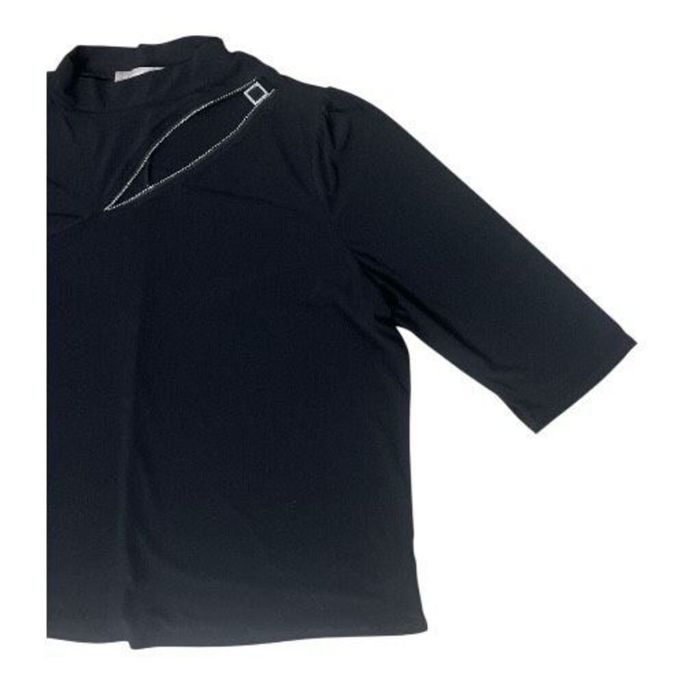 Women Stretchy Black Rhinestone Blouse Plus Size 2X Cut Out Pullover Mock Neck - Picture 4 of 10